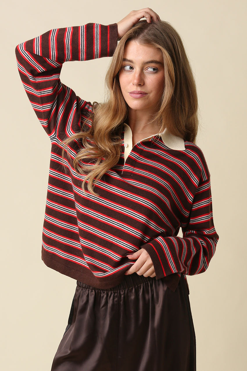 Lana Stripe Collared Knit Top in Cocoa Combo