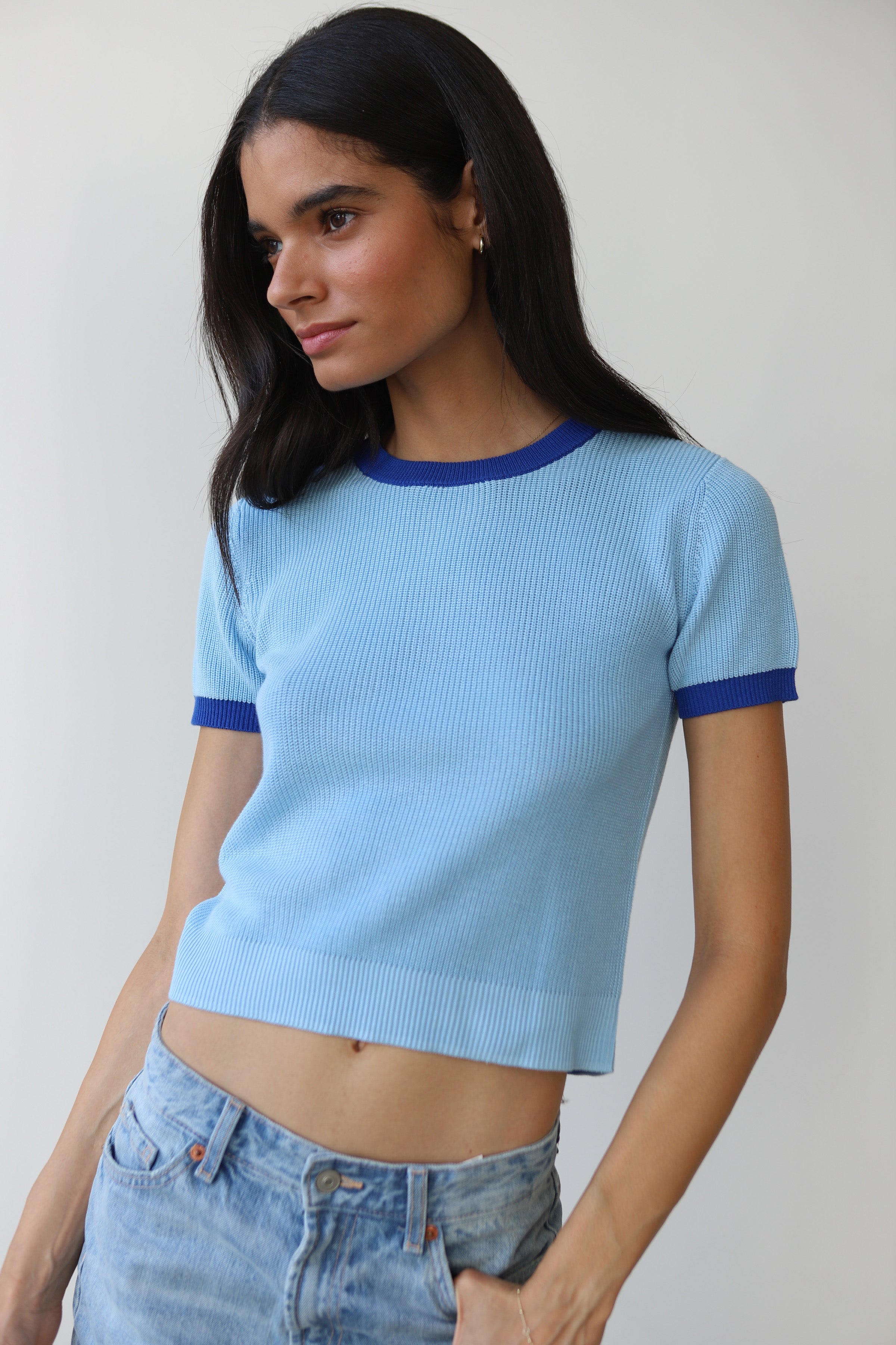 The Ringer Knit Tee - Capri Blue