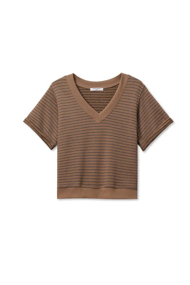 Briggs V Neck Sweatshirt in Mocha Charcoal Stripe