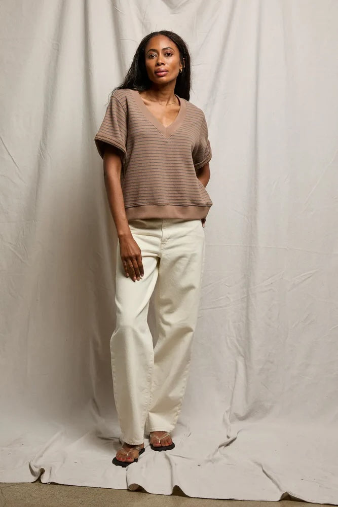 Briggs V Neck Sweatshirt in Mocha Charcoal Stripe