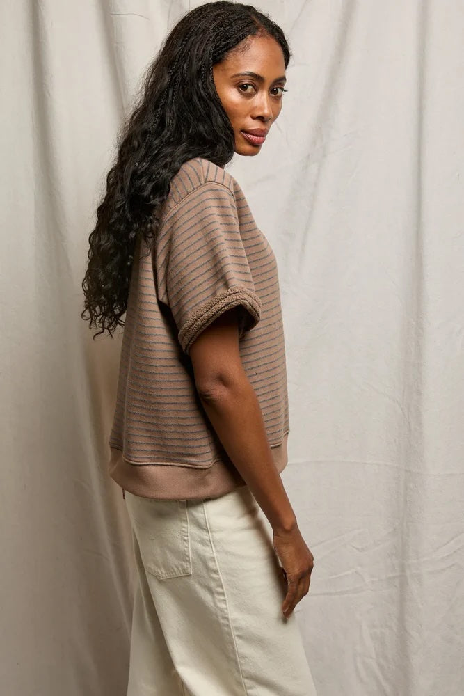 Briggs V Neck Sweatshirt in Mocha Charcoal Stripe