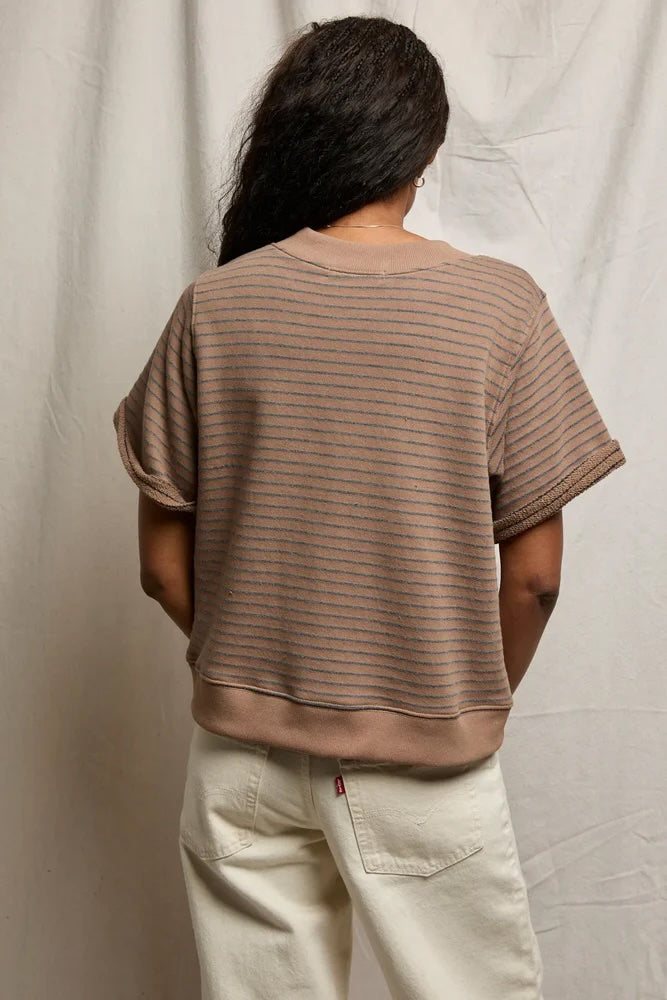 Briggs V Neck Sweatshirt in Mocha Charcoal Stripe