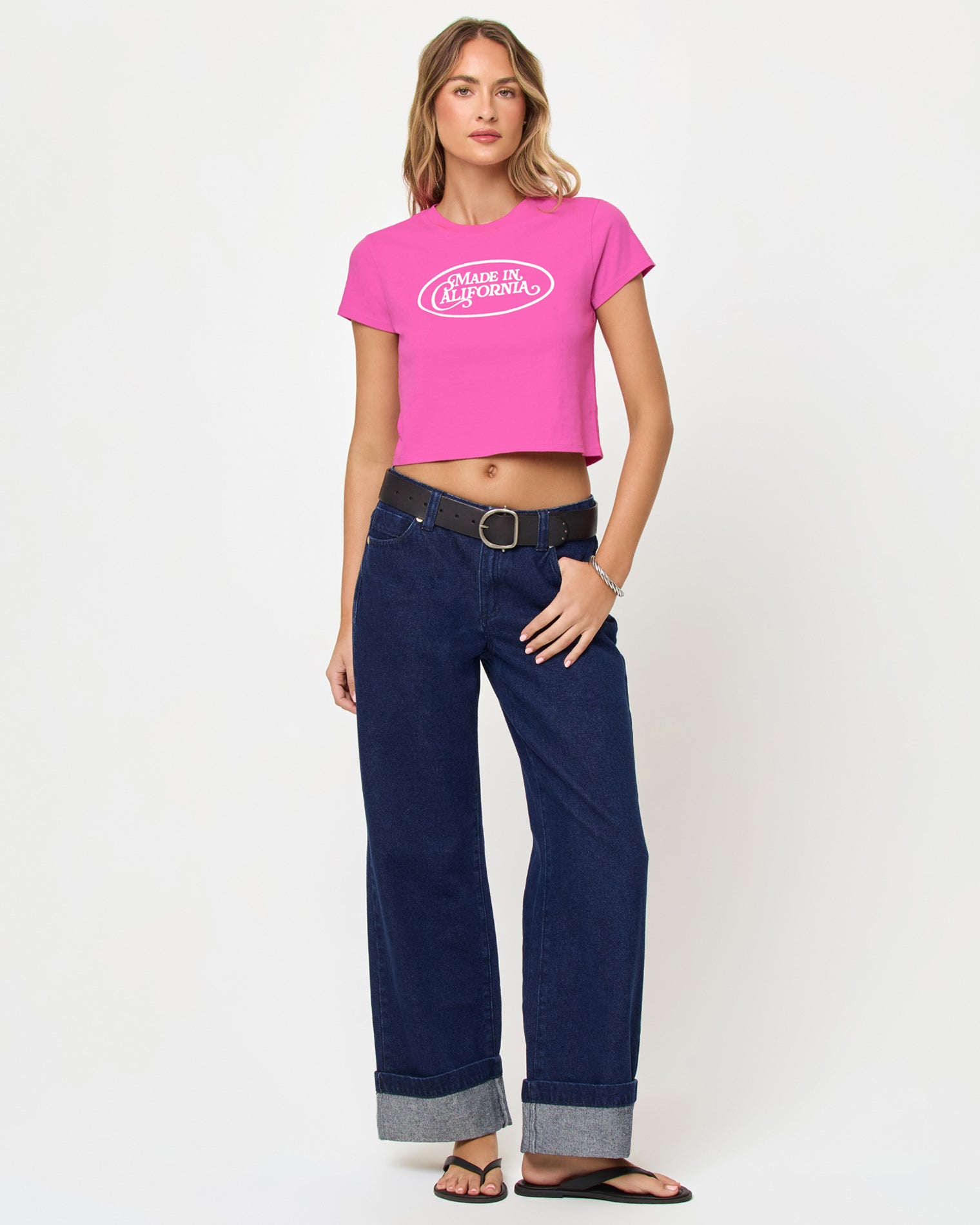 Full front view of model wearing the Merci Baby Tee in Sweetheart Made in California.