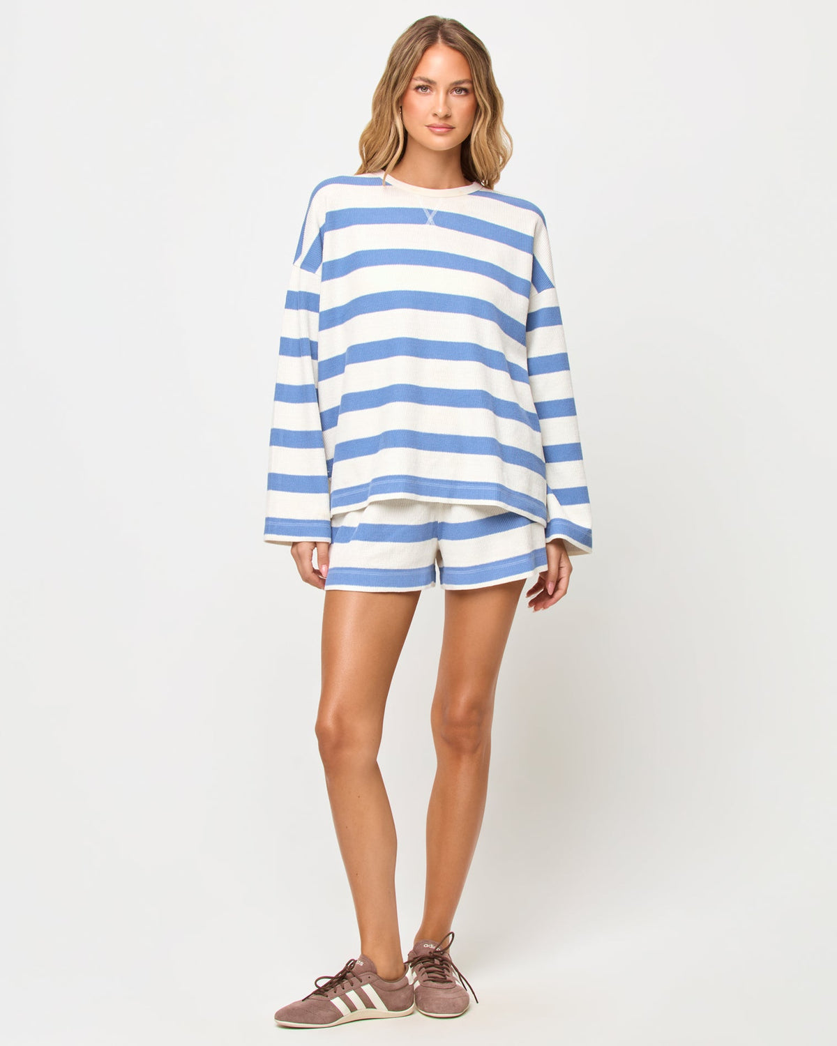 LSPACE Maeve short in Chambray-Cream Stripe print, front view on model.
