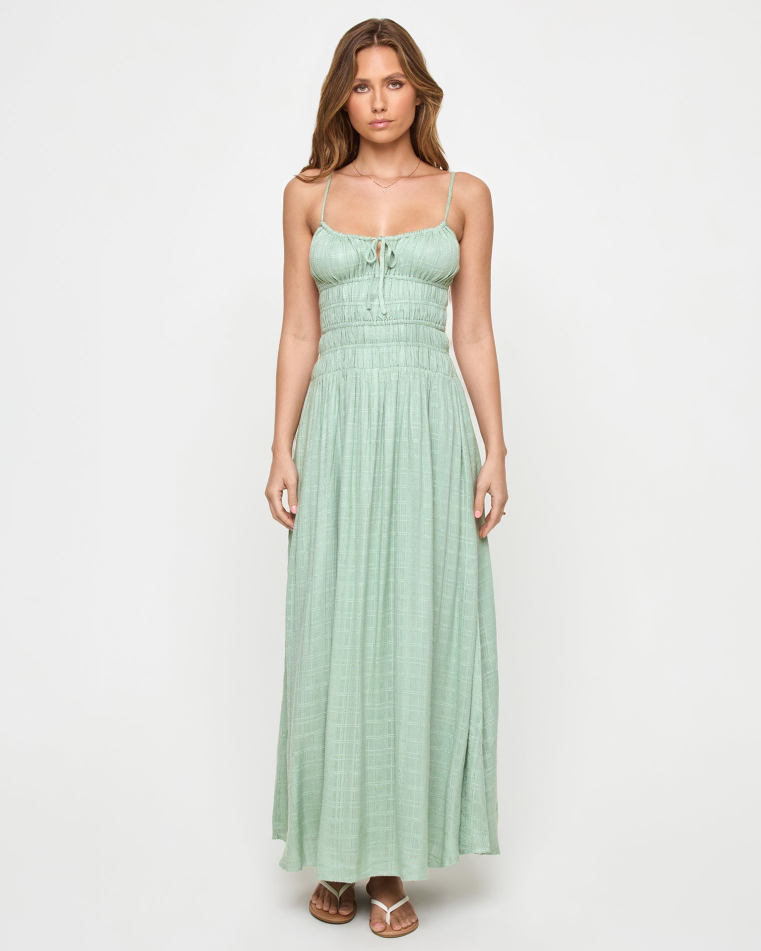 Celadon | Badge:New Arrival_#B2AC88_#ffffff' Green maxi dress with cinched waist