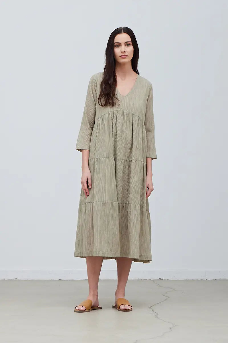 Tiered Striped Dress in Green