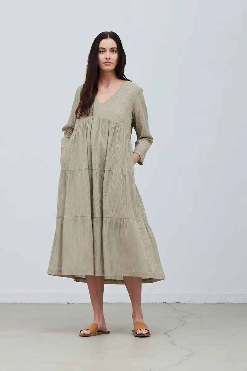 Tiered Striped Dress in Green