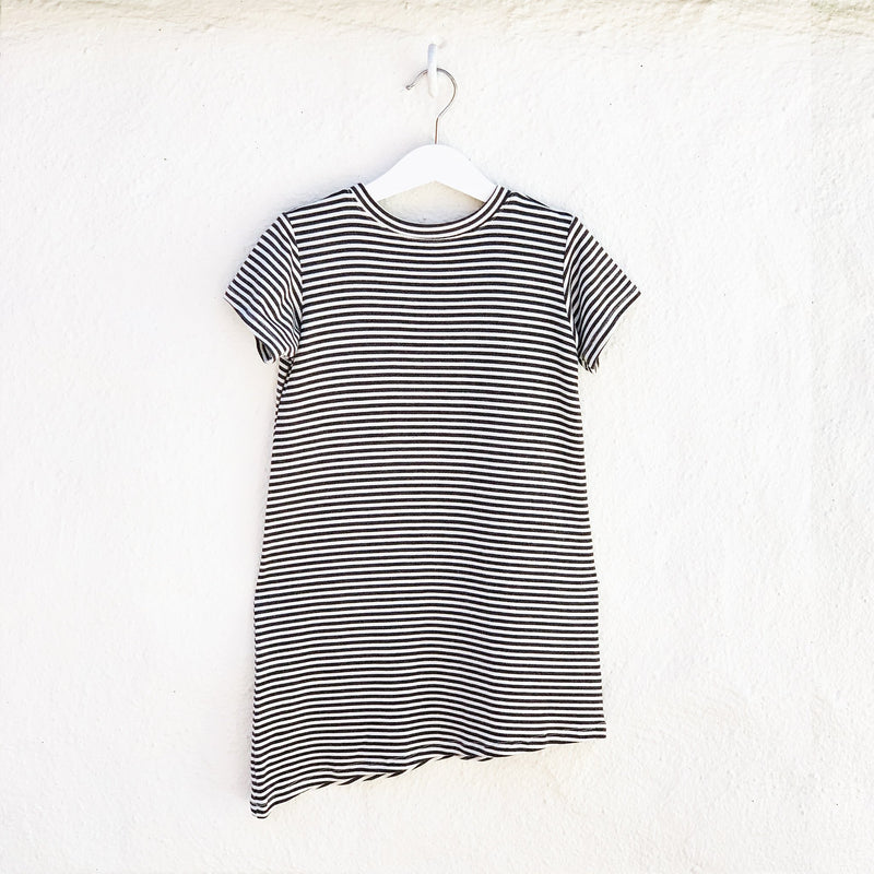 Asymmetric T-shirt Dress - Black + White Stripes