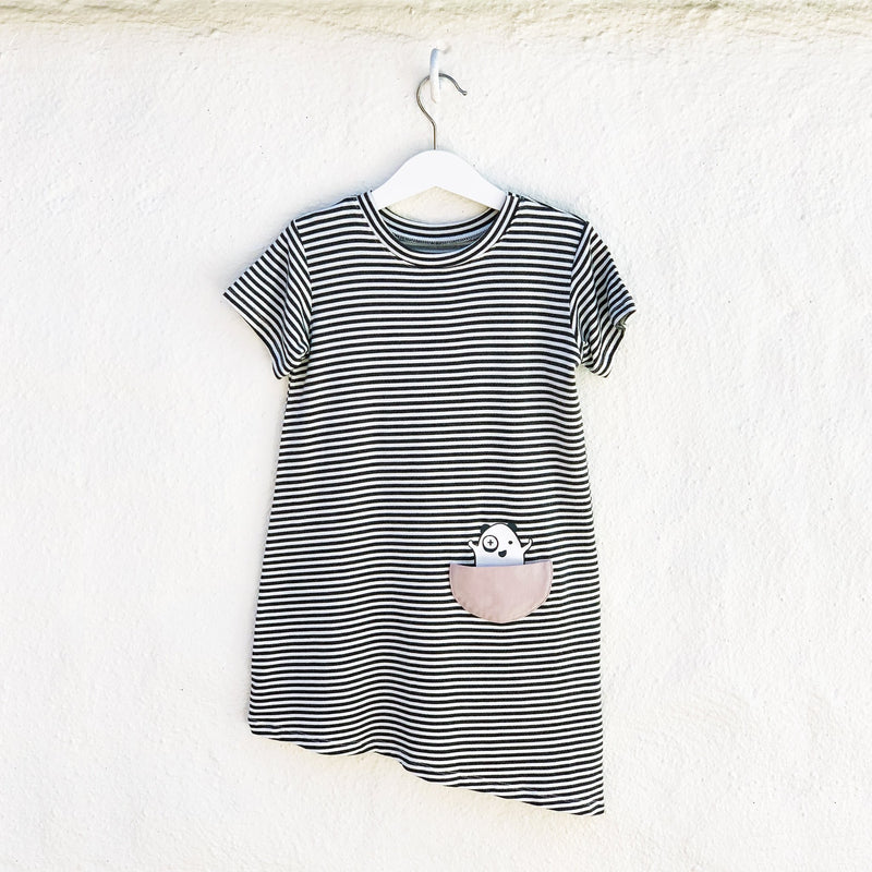 Asymmetric T-shirt Dress - Black + White Stripes
