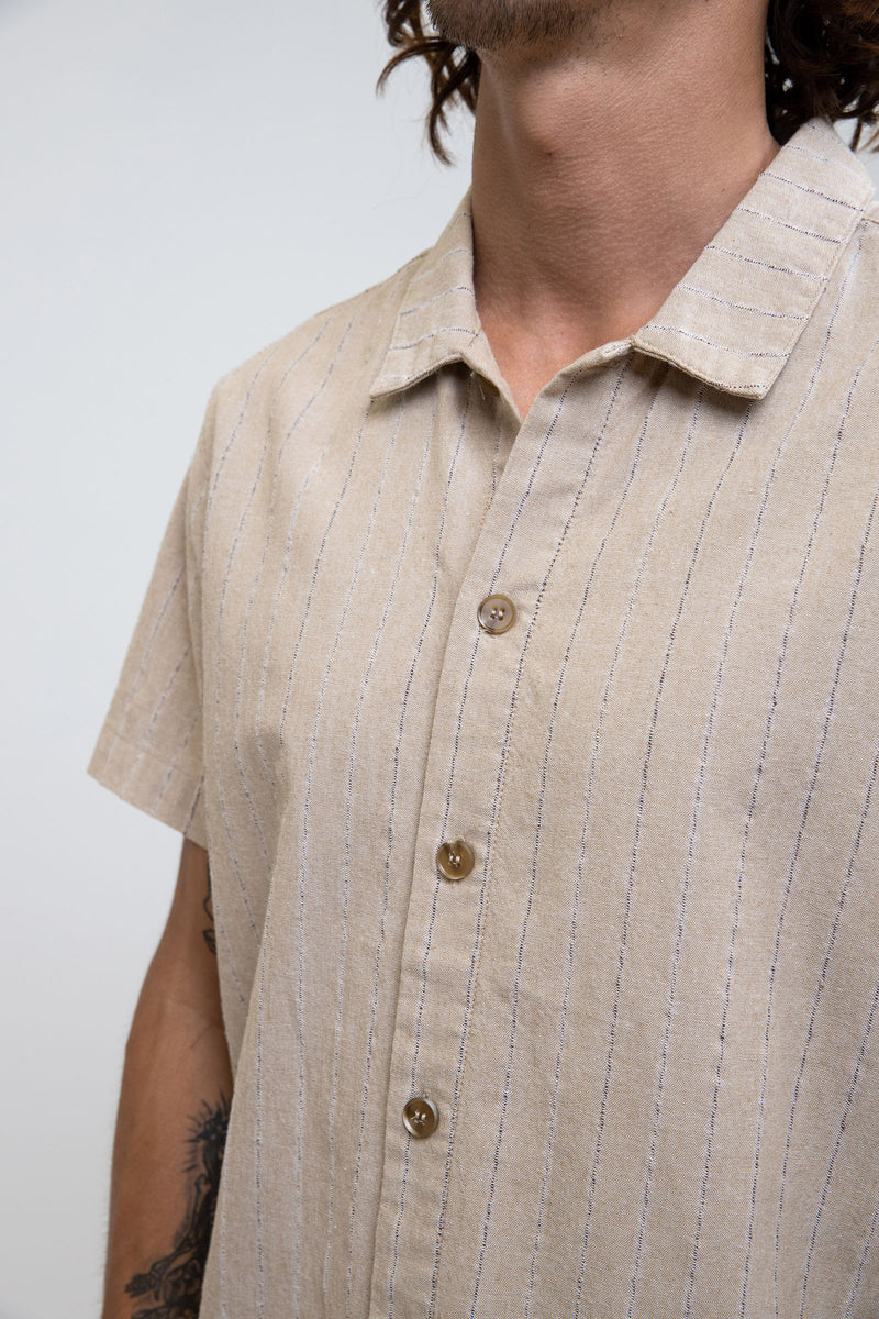 Linen Stripe S/S Shirt in Sand