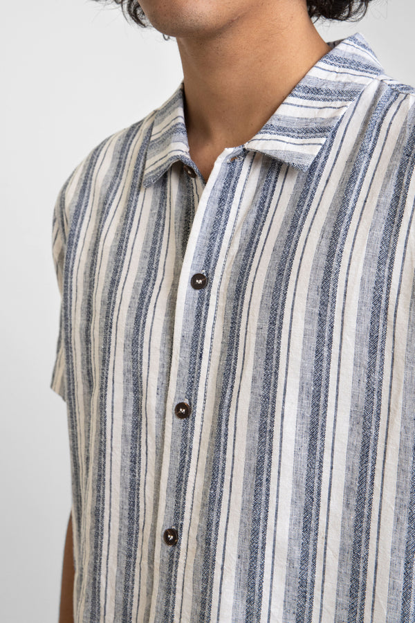 Linen Stripe SS Shirt in Navy