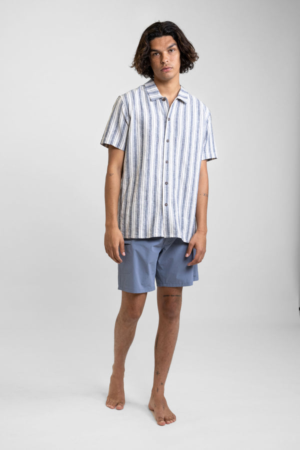 Linen Stripe SS Shirt in Navy