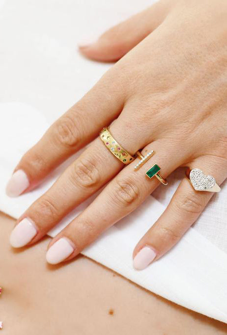 Open Emerald and Diamond Bar Ring