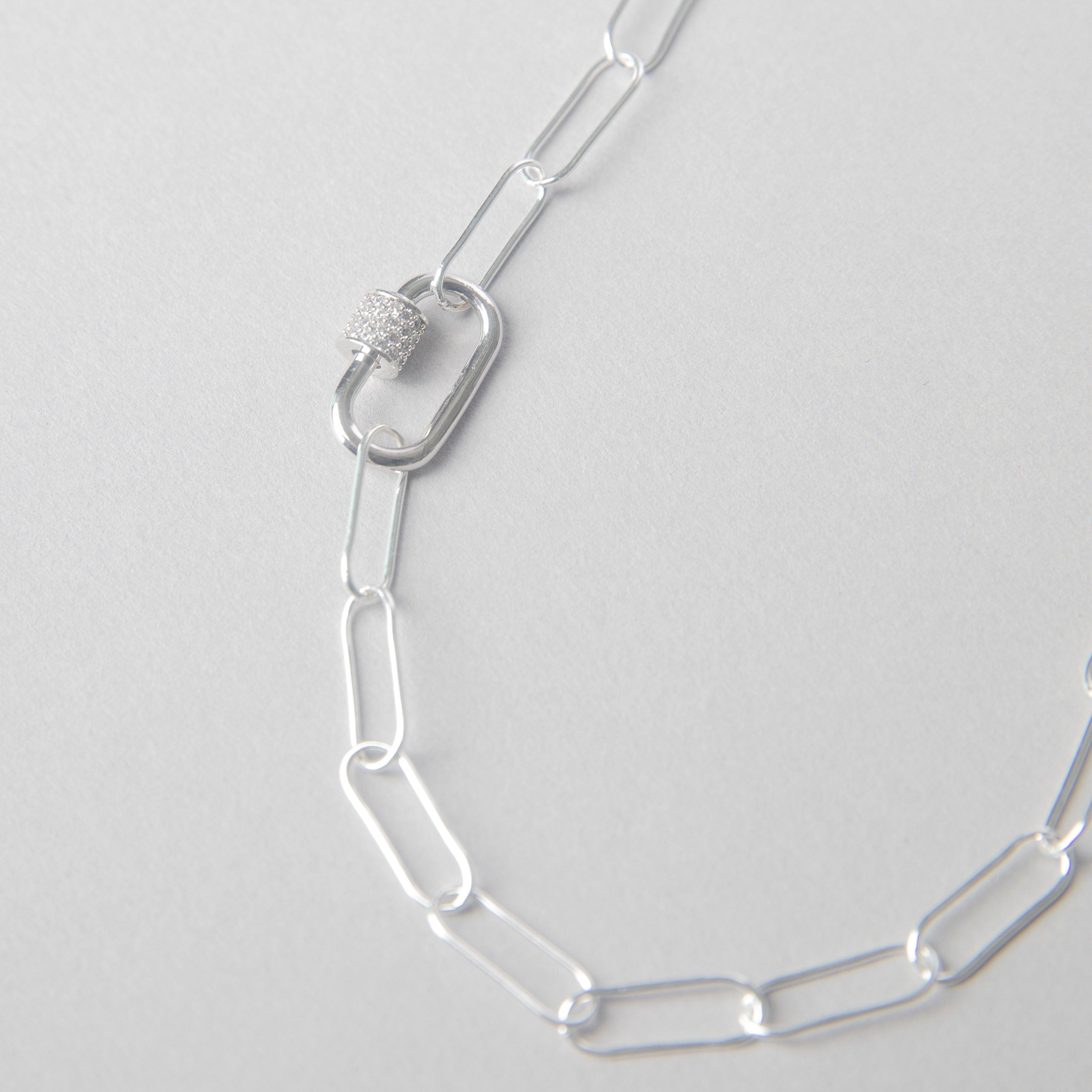 ROUND LINK PAPER CLIP CHAIN WITH CZ CARIBENER CLOSURE