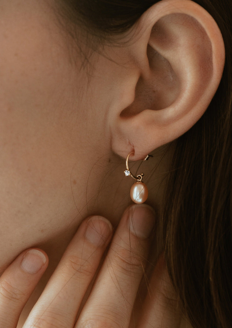 white diamond and blush pearl hoops